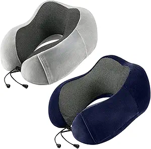 Travel Pillow for Airplane-2 Pack Memory Foam Neck Pillows, Soft & Support Travel Essentials for Travelling, Sleeping Rest, Car, Train and Home Use(Grey&Blue)